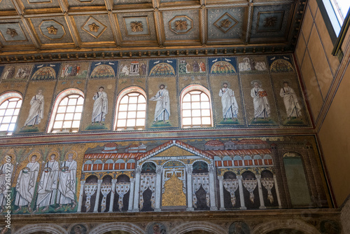 Mosaics on the right side wall of the nave of the Basilica of Sant Apollinare Nuovo in Ravenna. Italy.