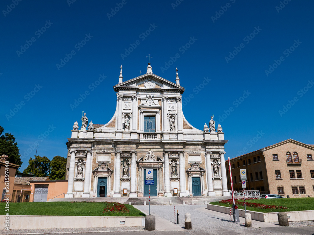  The basilica of Santa Maria in Porto  with a rich facade from the 18th century in Ravenna, Italy