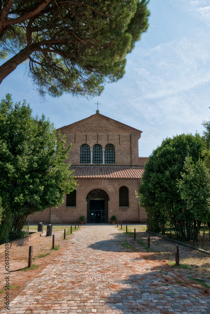 front view of the Basilica of Sant'Apollinare in Classe in Ravenna, Emilia-Romagna, Italy