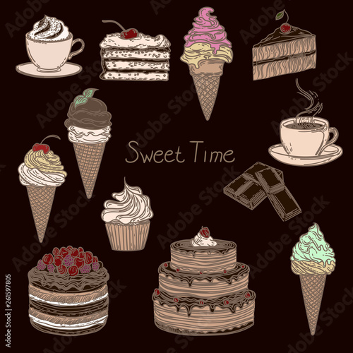 Hand drawn illustration of color cakes, chocolate, coffee, cappuchino and ice creams isolated on dark background.