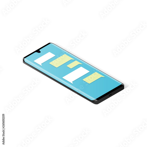 Smartphone with blank messaging bubbles. Dialog boxes. Isometric vector illustration