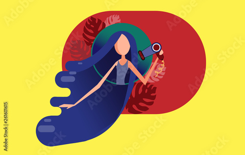 A cute girl with amazing long hair blowing and drying her hair with a hairdryer on a red and yellow background with leaves monstera. vector illustration flat style concept