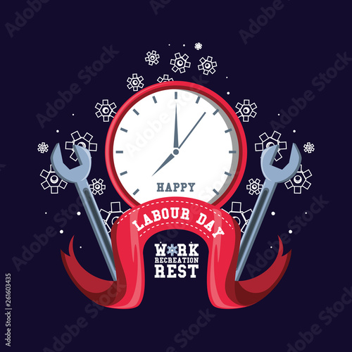 happy labour day with clock and tools