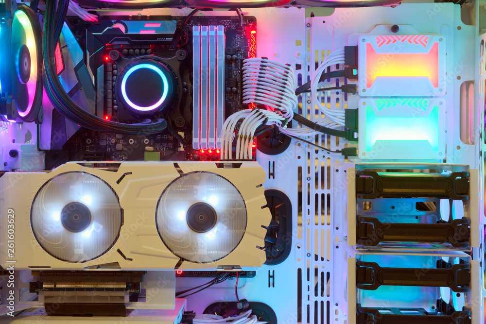 Close-up and inside Desktop PC Gaming and Cooling Fan CPU with multicolored LED  RGB light show status on working mode, interior PC case technology  background Stock Photo