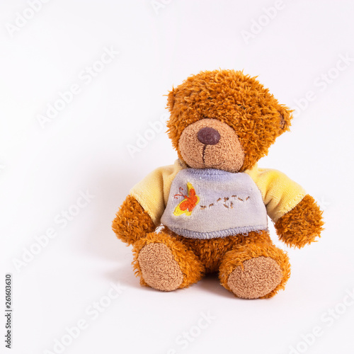 A small teddy bear in a yellow-blue sweater sits on a white background