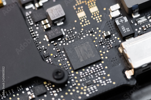 Close -up macro shot of circuit board from a laptop or smartphone