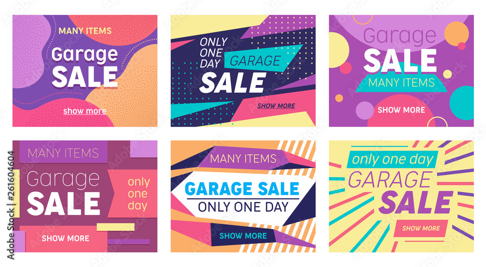 Set of Abstract Banners for Social Media Marketing or Print Design. Garage Sale Offer for Discounter Shop, Shopping Posters in Modern Geometric Style with Colorful Shapes and Lines Vector Illustration