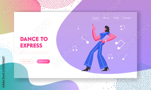 Young Woman in Stylish Clothing Moving Body on Disco Party Expressing Feelings. Music Lover Active Spare Time, Girl Dancing. Website Landing Page, Web Page. Cartoon Flat Vector Illustration, Banner