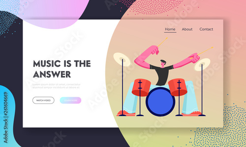 Rock Star Drummer Playing Hard Music with Sticks on Drums. Musician Character Performing on Stage with Percussion Instrument. Website Landing Page, Web Page. Cartoon Flat Vector Illustration, Banner