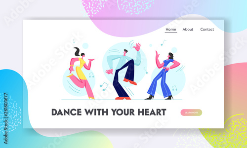 Young People Dancing on Disco Party. Man and Girls Spending Time Together Moving to Music Rhythm, Happy Leisure and Sparetime. Website Landing Page, Web Page. Cartoon Flat Vector Illustration, Banner