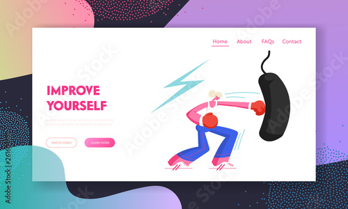 Young Woman Boxing Punching Bag in Gym. Female Boxer Character Workout, Fighting Lady Fitness Exercise for Strong Healthy Body. Website Landing Page, Web Page. Cartoon Flat Vector Illustration, Banner
