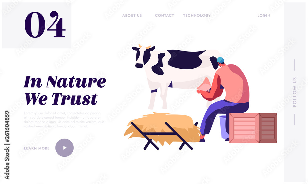 Milkmaid Woman in Uniform Milking Cow. Milk and Dairy Farmer Agriculture Products, Farming Rancher Girl Working on Animal Farm. Website Landing Page, Web Page. Cartoon Flat Vector Illustration, Banner