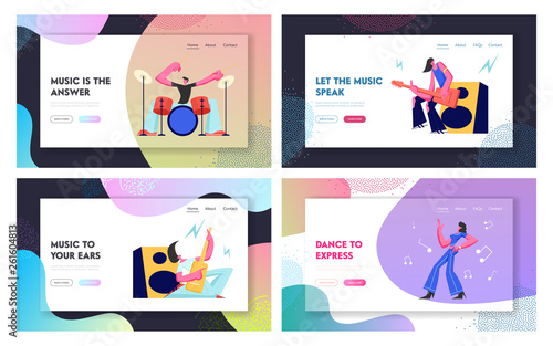 Set Rock Music Players and Girl Dancer. Musical Hobby and Occupation. Guitarist, Drummer and Dancer on Stage. Talented People Website Landing Page, Web Page. Cartoon Flat Vector Illustration, Banner