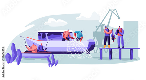 Fisherman Working on Fishery Industry on Large Boat Ship. Fishermen Catching Fish, Pulling Fishing Net from Sea, Giving Catch Haul to Customer, Fishing Industry. Cartoon Flat Vector Illustration