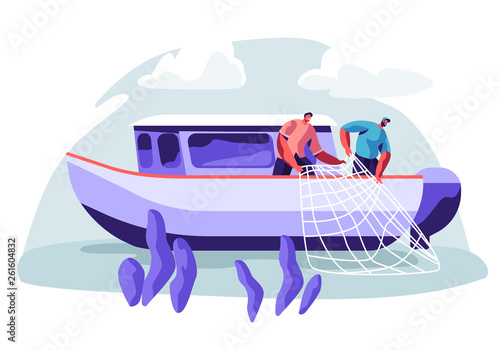 Fishermen Working on Fishery Industry on Large Boat Ship Catching Fish and Pulling Fishing Net from Sea, Summertime Hobby, Fishing Industry, Profession Occupation. Cartoon Flat Vector Illustration