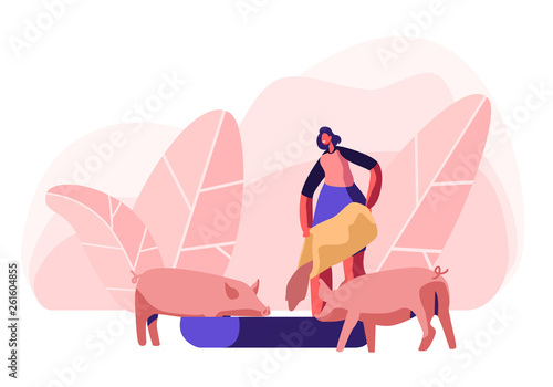 Young Woman Feeding Pigs Putting Grain in Trough. Female Farmer Character at Work Process Caring of Domestic Animals at Farm. Agriculture, Rancher Summer Time Activity Cartoon Flat Vector Illustration