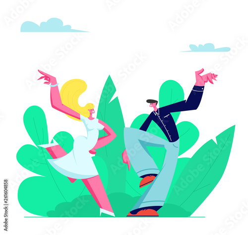 Young Couple Spare time with Dancing Outdoors, People Active Lifestyle, Man and Woman in Loving or Friendly Relations Spend Time Together, Disco Dance Leisure or Hobby