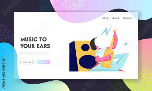 Rock Artists Character Singing and Playing Electric Guitar Standing on Knees at Concert Music Hall Stage. Guitar Player, Singer Website Landing Page, Web Page. Cartoon Flat Vector Illustration, Banner