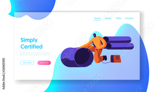 Metal Industry Worker in Protection Glasses and Uniform Welding Steel or Iron Pipe. Factory Steel Worker in Metallurgy Process. Website Landing Page, Web Page. Cartoon Flat Vector Illustration, Banner