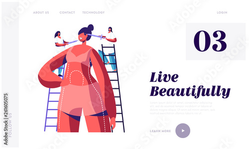 Plastic Surgery Doctors Put Injections in Woman Face Standing on Ladders at Huge Patient Body Preparing for Cosmetic Procedure. Website Landing Page, Web Page. Cartoon Flat Vector Illustration, Banner