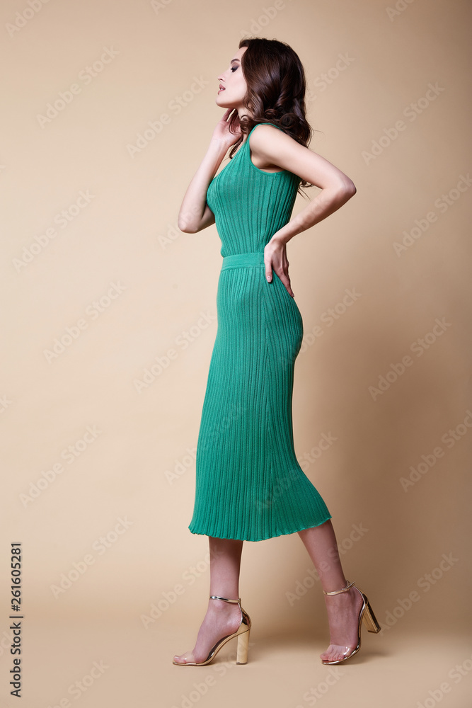 Sexy beauty woman pretty face tan skin wear knitted blouse skirt long skinny body shape makeup cosmetic dress code collection studio catalog brunette curly hair clothes for date office party fashion. Sexy beauty woman pretty face tan skin wear knitted blouse skirt long skinny body shape makeup cosmetic dress code collection studio catalog brunette curly hair clothes for date office party fashion.