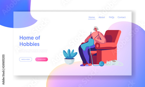 Happy Senior Woman Knit Sitting in Armchair with Sleeping Cat. Aged Female Character Hobby and Leisure Time in Nursing Home. Website Landing Page, Web Page. Cartoon Flat Vector Illustration, Banner