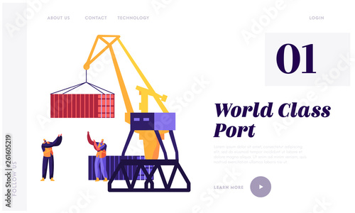 Sea Transportation and Logistic Infographics. Seaport Harbour Lift Crane Loading Container and Sea Port Workers Control Process Website Landing Page, Web Page. Cartoon Flat Vector Illustration, Banner