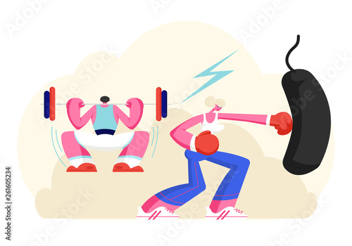 Male and Female Characters Exercising in Gym. Strong Man Squatting with Weight, Woman Boxing Punching Bag. Powerlifter and and Boxer Workout in Gym, Bodybuilding. Cartoon Flat Vector Illustration