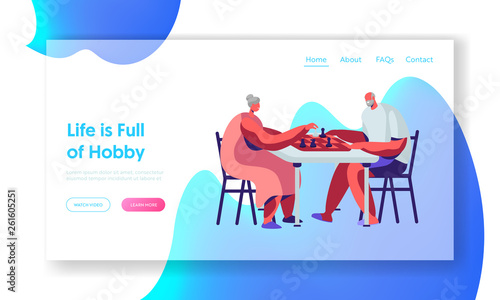 Senior Man and Woman Playing Chess Hobby. Couple of Pensioners Relax Spending Time at Intellectual Game, Retired People Leisure Website Landing Page, Web Page. Cartoon Flat Vector Illustration, Banner