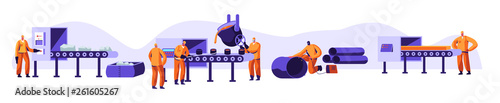 Metallurgy Industry Set. Resource Mining, Smelting of Metal in Big Foundry, Hot Steel Pouring in Steel Plant. Factory Workshop. Steel Workers in Metallurgy Process. Cartoon Flat Vector Illustration