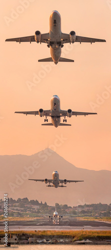 Airplane taking off. A big passenger or cargo aircraft, airline flying. Transportation.