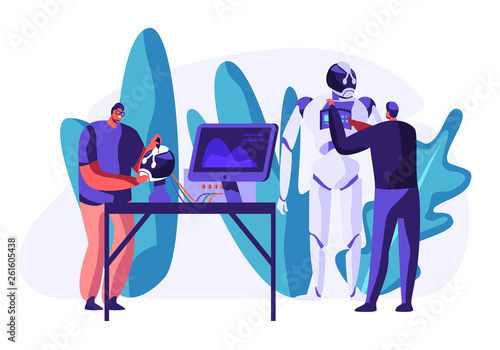 Engineers Scientists Male Characters Making and Programming Huge Robot in Science Laboratory. Robotics Hardware and Software Science Engineering. Development Company. Cartoon Flat Vector Illustration