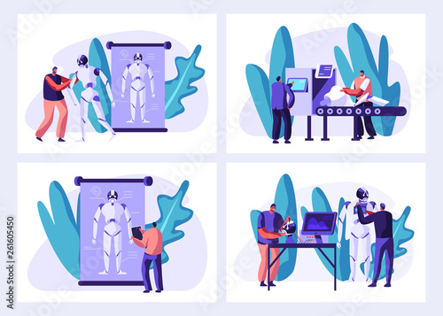 Scientists Create Cyborgs in Laboratory Set. Robot Creating Stages Process. Making Hardware and Software, Robotics Engineer Develop Artificial Intelligence Technology. Cartoon Flat Vector Illustration