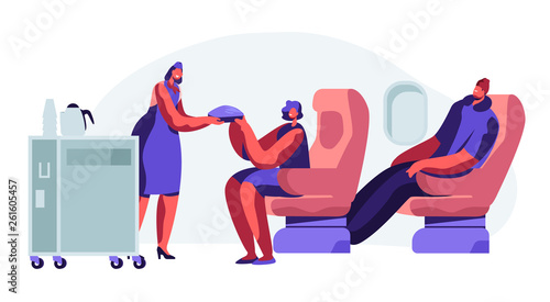 Cabin of Plane with Stewardess and Passengers, Mealtime in Economy Class. Woman, Man on Seats. Hostess with Food Cart in Aisle of Salon. Comfortable Journey, Jet Trip. Cartoon Flat Vector Illustration