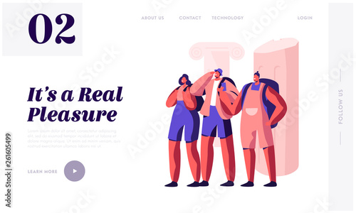 Company of Friends Traveling Together with Backpacks Visiting Sightseeing. Travel Agency Service, Active Lifestyle, Adventures Website Landing Page, Web Page. Cartoon Flat Vector Illustration, Banner