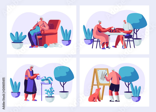 Set of Elderly Characters Having Hobby and Leisure Fun. Male and Female Senior People Spending Time in Nursing Home Listening Music, Painting, Playing Chess, Knitting. Cartoon Flat Vector Illustration