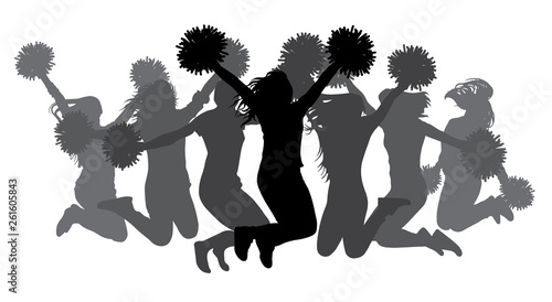 Jumping girls with pom-poms. Silhouettes of cheerleaders. Vector illustration photo