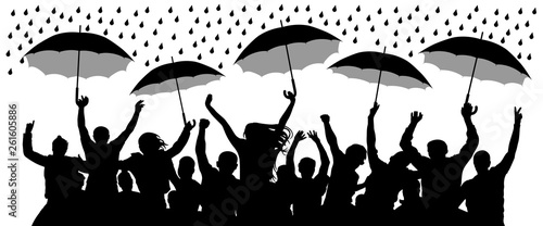Crowd of cheerful people with umbrellas in the rain. Isolated Vector Silhouette photo
