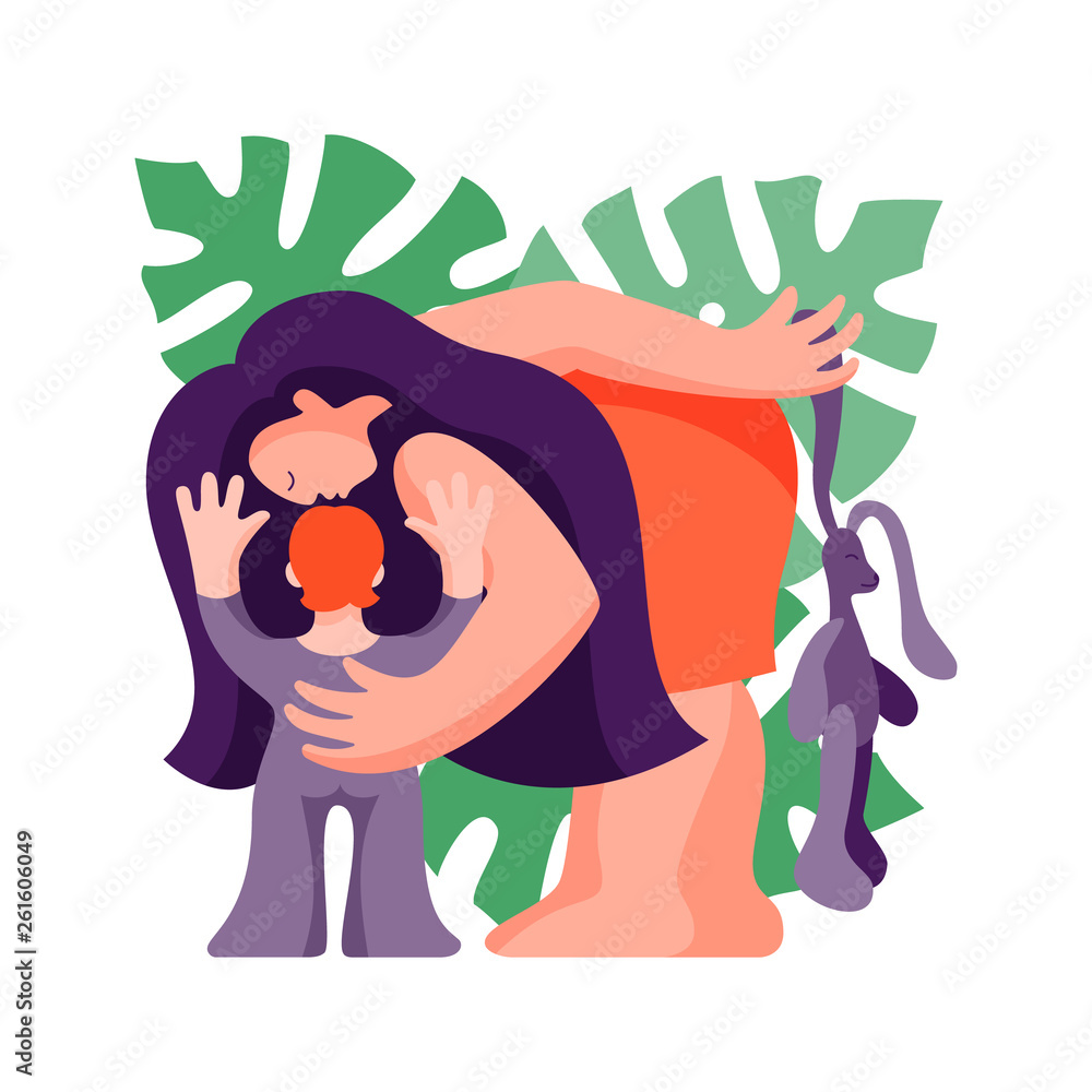Woman with a child. Mother leaned toward the child. Vector illustration.