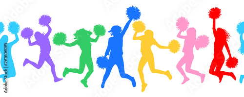 Seamless pattern of jumping girls with pom-pom  cheerleaders  silhouettes. Vector illustration