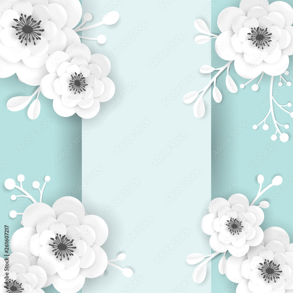 Paper Cut Flowers Frame Greeting Card Template. Decorative Design with 3D Origami Floral Elements for Spring Banner, Summer Sale Brochure, Poster. Wedding Trendy Background. Vector illustration Paper Cut Flowers Frame Greeting Card Template. Decorative Design with 3D Origami Floral Elements for Spring Banner, Summer Sale Brochure, Poster. Wedding Trendy Background. Vector illustration