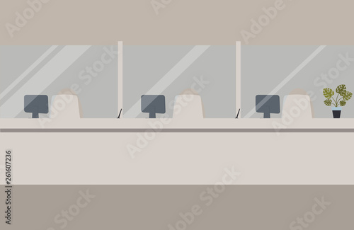 Bank office interior:Bank barrier with glass.Elegant interior financial institution. Hall with bank counter. Vector illustration