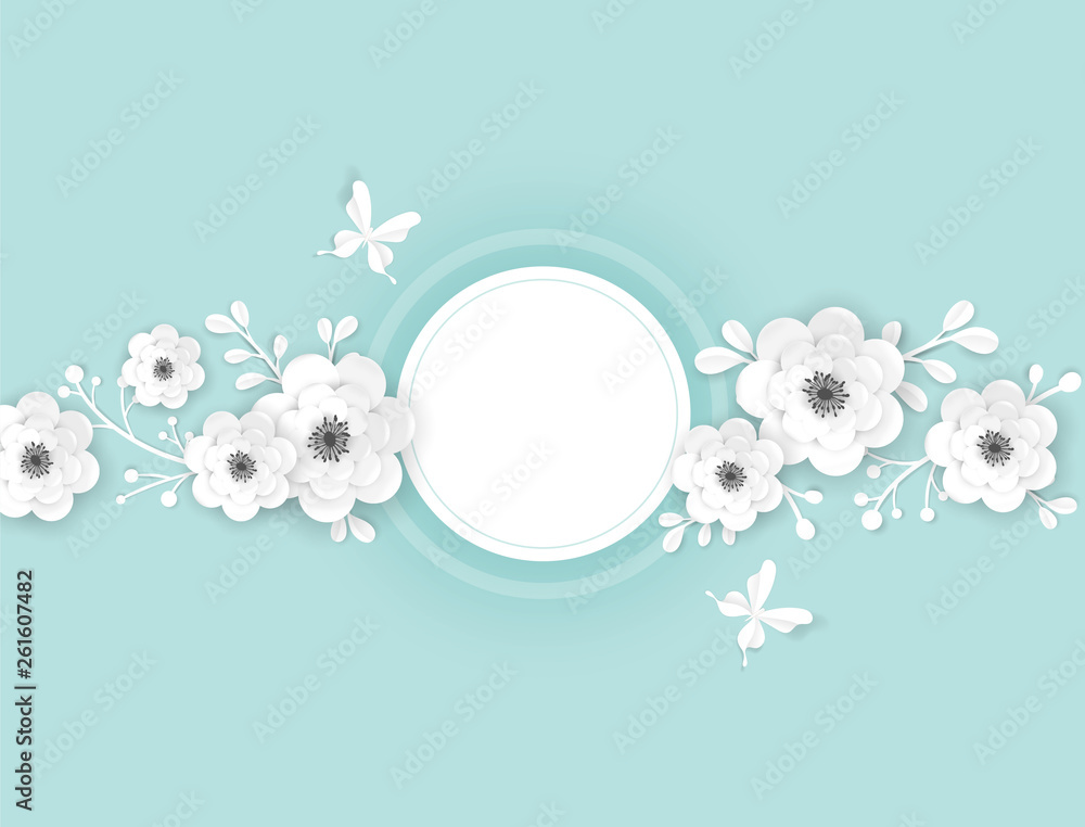 Paper Cut Flowers Frame Greeting Card Template. Decorative Design with 3D Origami Floral Elements for Spring Banner, Summer Sale Brochure, Poster. Wedding Trendy Background. Vector illustration Paper Cut Flowers Frame Greeting Card Template. Decorative Design with 3D Origami Floral Elements for Spring Banner, Summer Sale Brochure, Poster. Wedding Trendy Background. Vector illustration