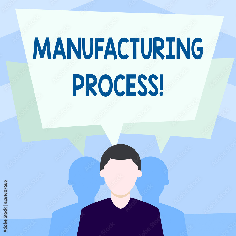 Writing note showing Manufacturing Process. Business concept for steps which raw materials changed into a final product Faceless Man has Two Shadows with Speech Bubble Overlapping Writing note showing Manufacturing Process. Business concept for steps which raw materials changed into a final product Faceless Man has Two Shadows with Speech Bubble Overlapping