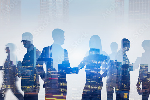 Business handshake in night city