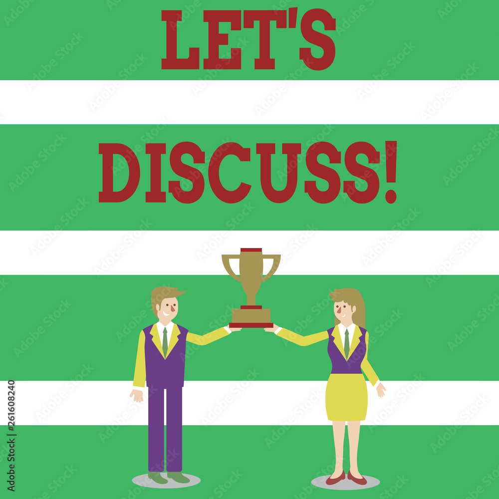 Writing note showing Let S Discuss. Business concept for asking someone to talk about something with demonstrating or showing Man and Woman Business Suit Holding Championship Trophy Cup Writing note showing Let S Discuss. Business concept for asking someone to talk about something with demonstrating or showing Man and Woman Business Suit Holding Championship Trophy Cup