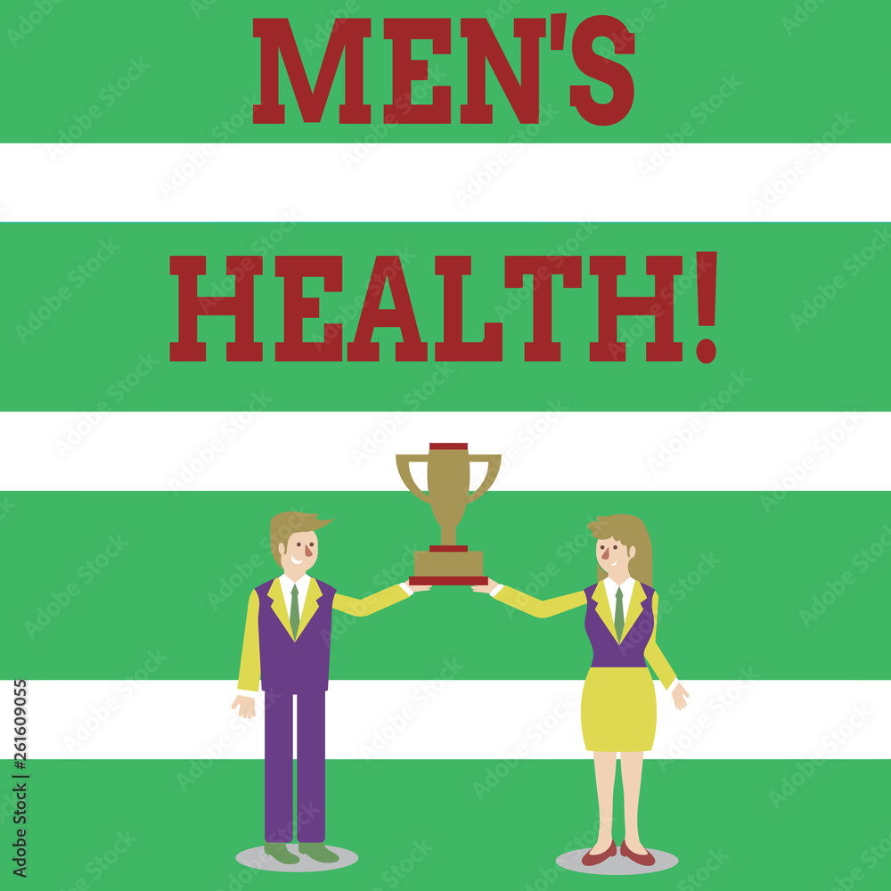 Writing note showing Men S Health. Business concept for state of complete physical mental and social well being by analysis Man and Woman Business Suit Holding Championship Trophy Cup Writing note showing Men S Health. Business concept for state of complete physical mental and social well being by analysis Man and Woman Business Suit Holding Championship Trophy Cup
