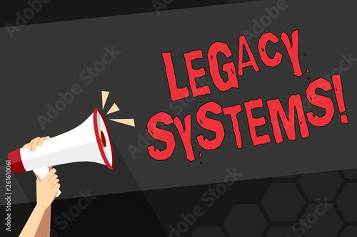 Text sign showing Legacy Systems. Business photo showcasing old method technology computer system or application program Human Hand Holding Tightly a Megaphone with Sound Icon and Blank Text Space photo