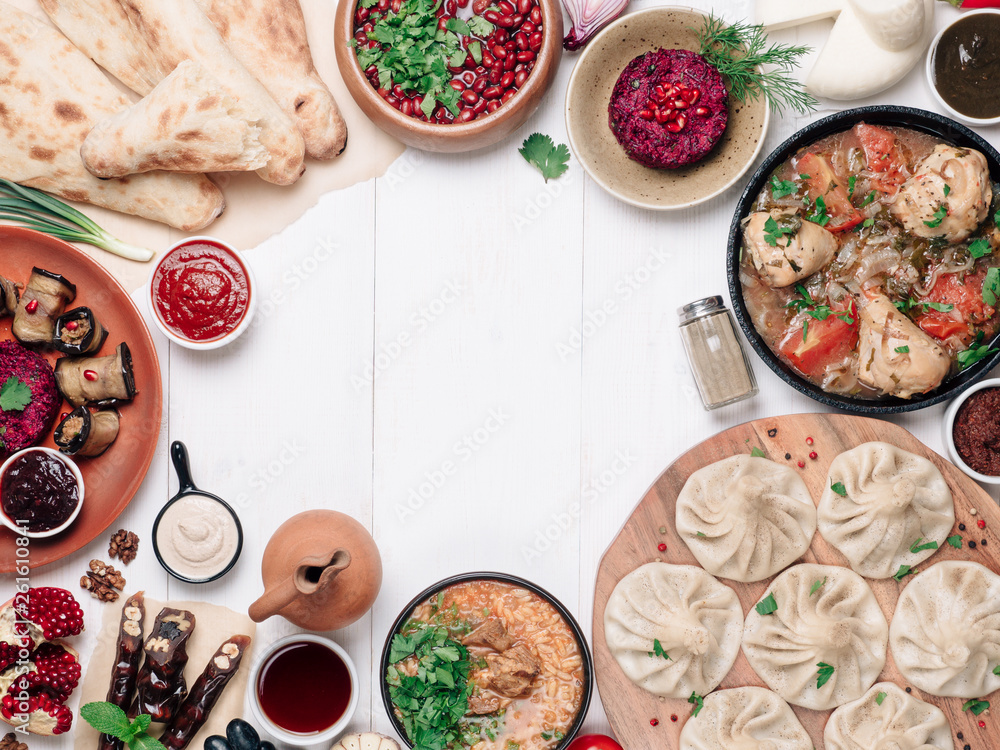 Ταπετσαρία View from above of georgian cuisine on whitewooden table