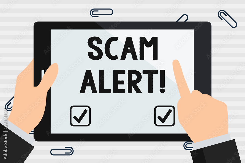 Handwriting text Scam Alert. Conceptual photo fraudulently obtain money from victim by persuading him Hand Holding Pointing Touching Blank Rectangular Color Tablet White Screen Handwriting text Scam Alert. Conceptual photo fraudulently obtain money from victim by persuading him Hand Holding Pointing Touching Blank Rectangular Color Tablet White Screen